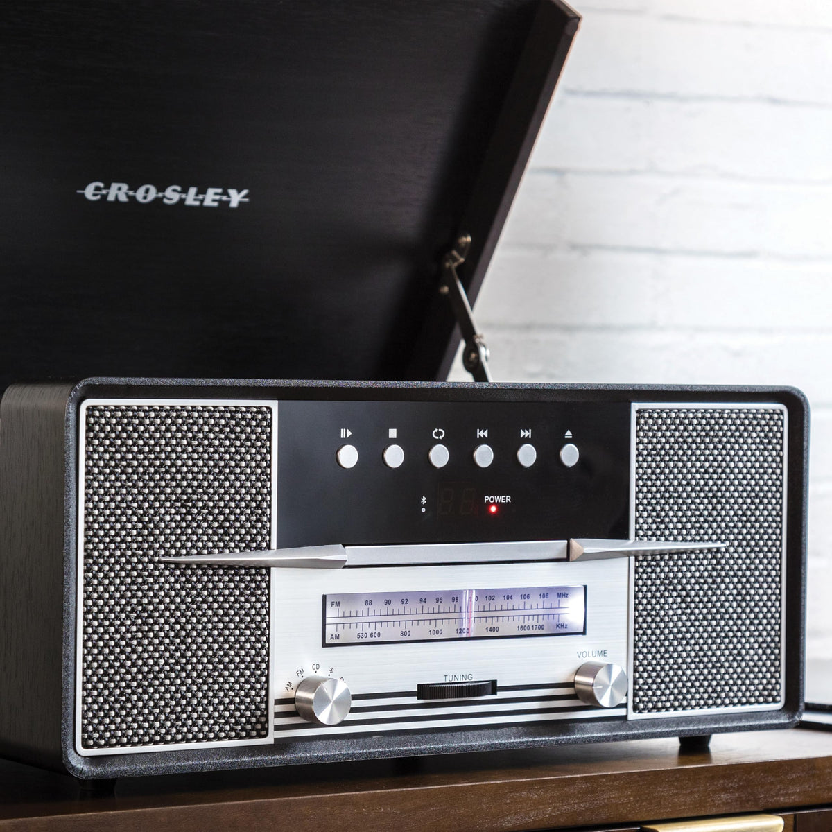 Crosley CR7016A-BK Rhapsody 7-in-1 Bluetooth 3-Speed Vinyl Record Player Turntable, CD Player, AM/FM Radio, Black