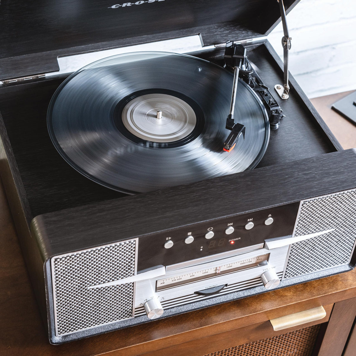 Crosley CR7016A-BK Rhapsody 7-in-1 Bluetooth 3-Speed Vinyl Record Player Turntable, CD Player, AM/FM Radio, Black