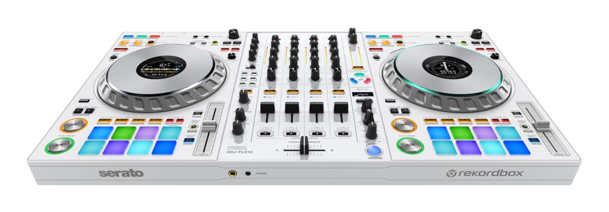 Pioneer DJ DDJ-FLX10-W + Odyssey 810GSFLX10M I-Board Flight Case with Glide Style Laptop Platform and Wheels
