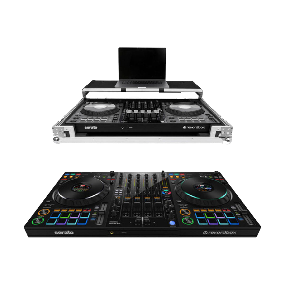 Pioneer DJ DDJ-FLX10 DJ Controller + Headline Laptop Platform & Wheels Flight Case