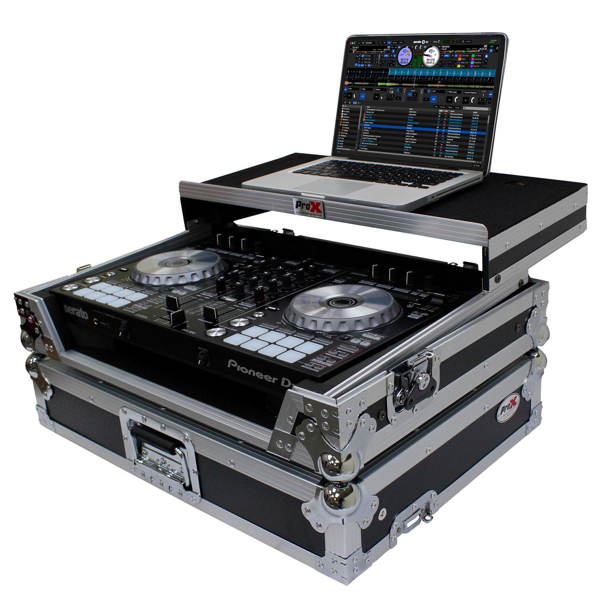 ProX Flight Case for Pioneer DDJ-SR2 Controller with Laptop Shelf and LED Kit (Silver-on-Black)