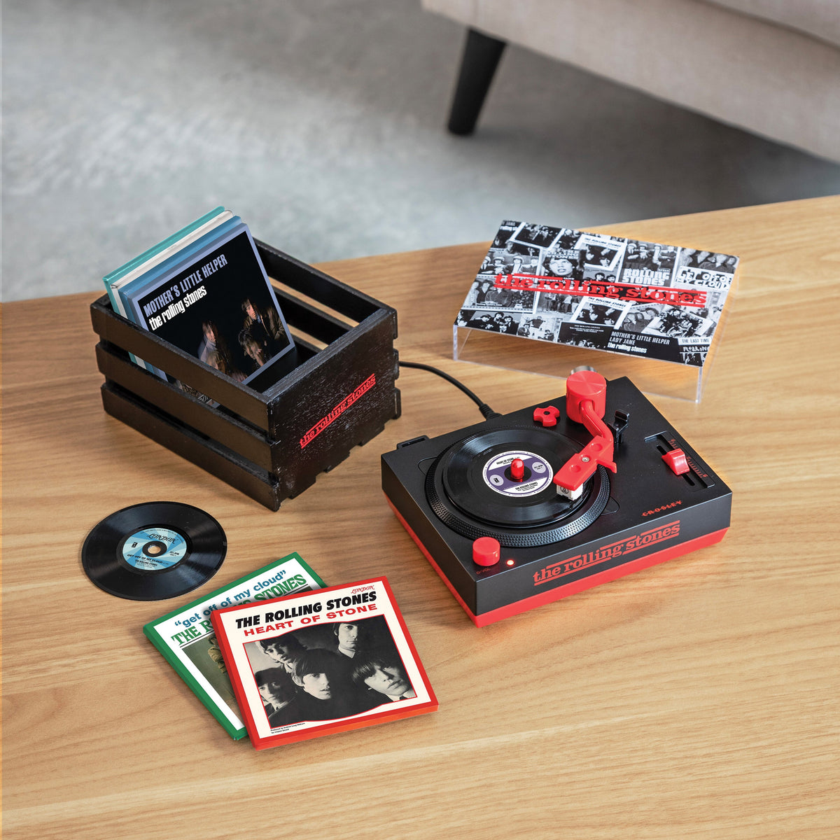 Rolling Stones RSD3 Turntable with Crate and Six 3-Inch Singles