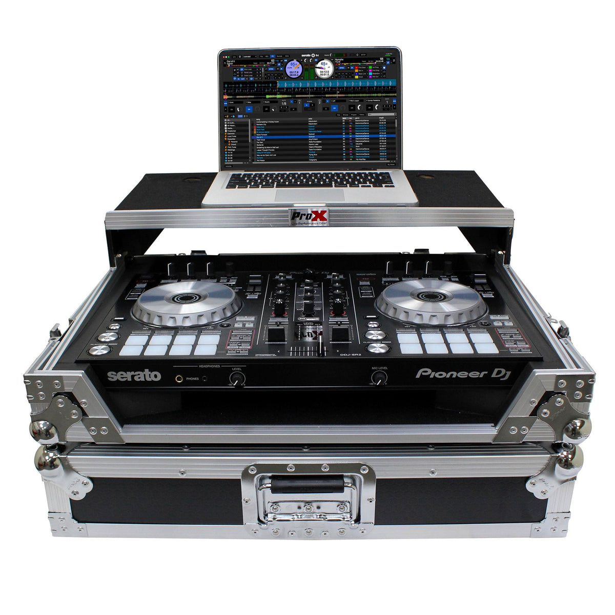 ProX Flight Case for Pioneer DDJ-SR2 Controller with Laptop Shelf and LED Kit (Silver-on-Black)